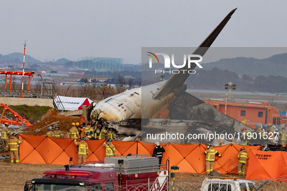 Fire authorities search for the missing and recover the deceased at the site of an accident near Muan International Airport in Jeollanam-do,...