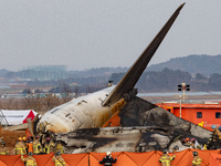 Fire authorities search for the missing and recover the deceased at the site of an accident near Muan International Airport in Jeollanam-do,...