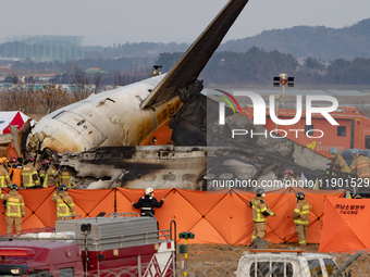 Fire authorities search for the missing and recover the deceased at the site of an accident near Muan International Airport in Jeollanam-do,...