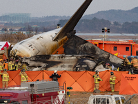 Fire authorities search for the missing and recover the deceased at the site of an accident near Muan International Airport in Jeollanam-do,...