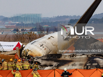 Fire authorities search for the missing and recover the deceased at the site of an accident near Muan International Airport in Jeollanam-do,...