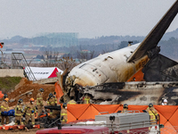 Fire authorities search for the missing and recover the deceased at the site of an accident near Muan International Airport in Jeollanam-do,...