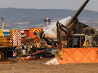 Fire authorities search for the missing and recover the deceased at the site of an accident near Muan International Airport in Jeollanam-do,...