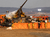 Fire authorities search for the missing and recover the deceased at the site of an accident near Muan International Airport in Jeollanam-do,...