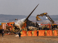 Fire authorities search for the missing and recover the deceased at the site of an accident near Muan International Airport in Jeollanam-do,...