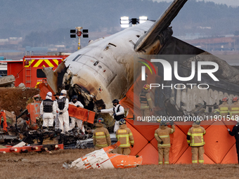 Fire authorities search for the missing and recover the deceased at the site of an accident near Muan International Airport in Jeollanam-do,...