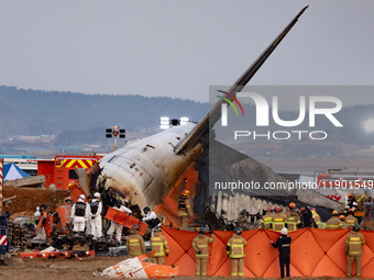 Fire authorities search for the missing and recover the deceased at the site of an accident near Muan International Airport in Jeollanam-do,...