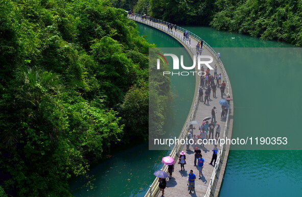 Tourists walk on a 500-meter-long plank road built over the river in Xuan'en County, central China's Hubei Province, May 1, 2016.