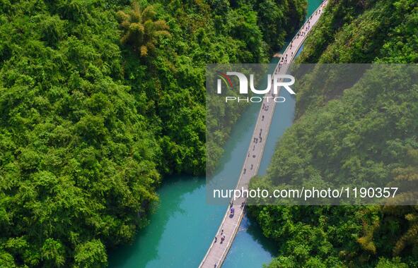 Tourists walk on a 500-meter-long plank road built over the river in Xuan'en County, central China's Hubei Province, May 1, 2016.