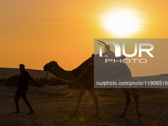 People ride on a camel along the Sealine Sand Dunes against the backdrop of the last sunset of the year 2024 in Sealine, Qatar, on December...