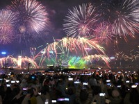 Fireworks explode over Victoria Harbour to mark the arrival of the new year in Hong Kong, China, on January 1, 2025. Hong Kong marks the arr...