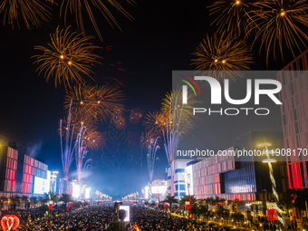 Fireworks and a drone show light up the midnight sky over Lusail Boulevard during the 2025 New Year's Day celebrations in Doha, Qatar, on Ja...