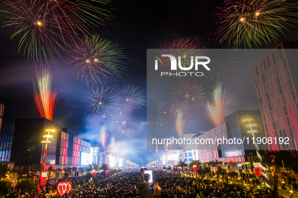 Fireworks and a drone show light up the midnight sky over Lusail Boulevard during the 2025 New Year's Day celebrations in Doha, Qatar, on Ja...