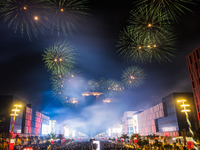 Fireworks and a drone show light up the midnight sky over Lusail Boulevard during the 2025 New Year's Day celebrations in Doha, Qatar, on Ja...