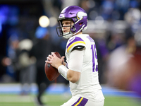 DETROIT,MICHIGAN-JANUARY 5: Quarterback Brett Rypien (19) of the Minnesota Vikings goes to throw the ball ahead of a game between the Detroi...