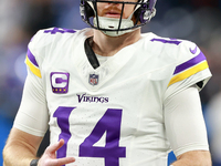 DETROIT,MICHIGAN-JANUARY 5:  Quarterback Sam Darnold (14) of the Minnesota Vikings walks on the field ahead of a game between the Detroit Li...