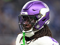 DETROIT,MICHIGAN-JANUARY 5:  Linebacker Brian Asamoah II (6) of the Minnesota Vikings walks on the field ahead of a game between the Detroit...