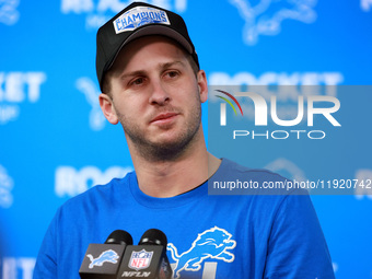 DETROIT,MICHIGAN-JANUARY 5:  Quarterback Jared Goff (16) of the Detroit Lions answers questions during a press conference at the conclusion...