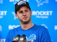 DETROIT,MICHIGAN-JANUARY 5:  Quarterback Jared Goff (16) of the Detroit Lions answers questions during a press conference at the conclusion...