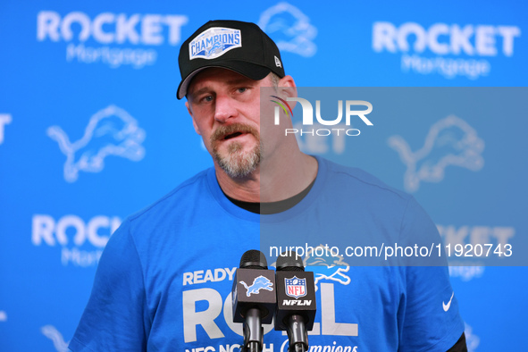 DETROIT,MICHIGAN-JANUARY 5:  Head coach Dan Campbell of the Detroit Lions answers questions during a press conference at the conclusion of a...