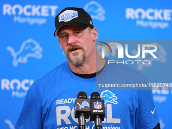 DETROIT,MICHIGAN-JANUARY 5:  Head coach Dan Campbell of the Detroit Lions answers questions during a press conference at the conclusion of a...