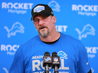 DETROIT,MICHIGAN-JANUARY 5:  Head coach Dan Campbell of the Detroit Lions answers questions during a press conference at the conclusion of a...