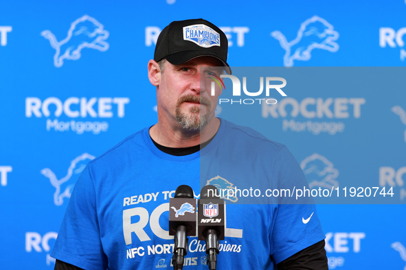 DETROIT,MICHIGAN-JANUARY 5:  Head coach Dan Campbell of the Detroit Lions answers questions during a press conference at the conclusion of a...