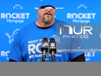 DETROIT,MICHIGAN-JANUARY 5:  Head coach Dan Campbell of the Detroit Lions answers questions during a press conference at the conclusion of a...