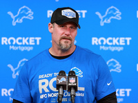 DETROIT,MICHIGAN-JANUARY 5:  Head coach Dan Campbell of the Detroit Lions answers questions during a press conference at the conclusion of a...