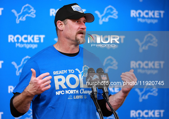 DETROIT,MICHIGAN-JANUARY 5:  Head coach Dan Campbell of the Detroit Lions answers questions during a press conference at the conclusion of a...