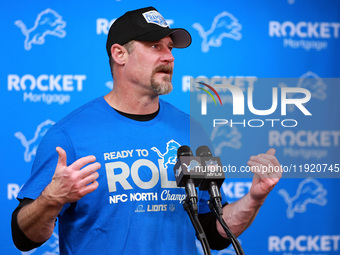 DETROIT,MICHIGAN-JANUARY 5:  Head coach Dan Campbell of the Detroit Lions answers questions during a press conference at the conclusion of a...