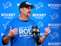 DETROIT,MICHIGAN-JANUARY 5:  Head coach Dan Campbell of the Detroit Lions answers questions during a press conference at the conclusion of a...