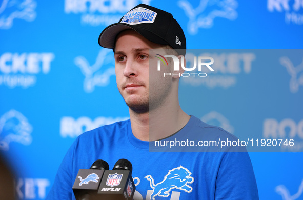 DETROIT,MICHIGAN-JANUARY 5:  Quarterback Jared Goff (16) of the Detroit Lions answers questions during a press conference at the conclusion...