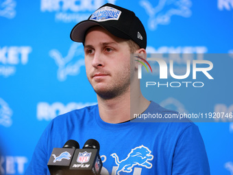 DETROIT,MICHIGAN-JANUARY 5:  Quarterback Jared Goff (16) of the Detroit Lions answers questions during a press conference at the conclusion...