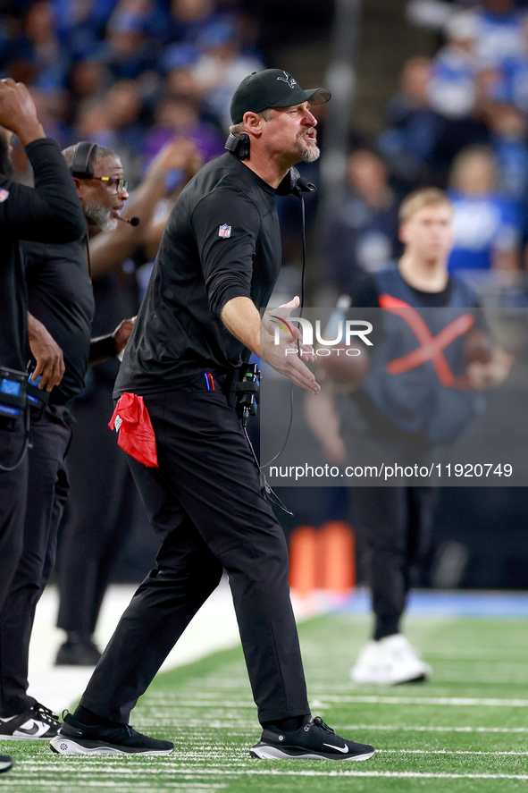 DETROIT,MICHIGAN-JANUARY 5:  Head coach Dan Campbell of the Detroit Lions reacts during a game between the Detroit Lions and the Minnesota V...