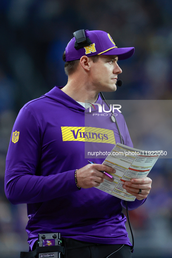 DETROIT,MICHIGAN-JANUARY 5:  Minnesota Vikings head coach Kevin O'Connell looks on from the sidelines during a game between the Detroit Lion...