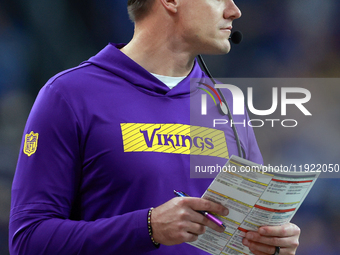 DETROIT,MICHIGAN-JANUARY 5:  Minnesota Vikings head coach Kevin O'Connell looks on from the sidelines during a game between the Detroit Lion...