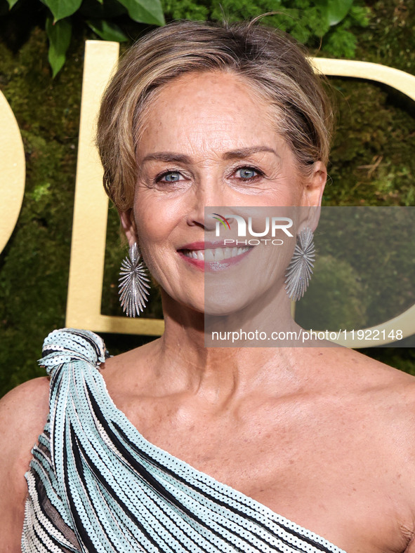 Sharon Stone wearing Louis Vuitton arrives at the 82nd Annual Golden Globe Awards held at The Beverly Hilton Hotel on January 5, 2025 in Bev...