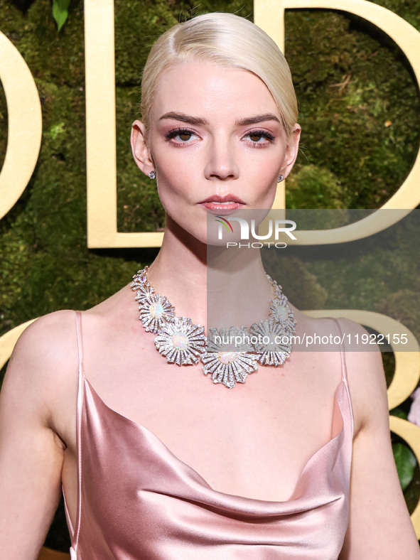 Anya Taylor-Joy wearing archive Dior, Jimmy Choo shoes, and Tiffany and Co. jewelry arrives at the 82nd Annual Golden Globe Awards held at T...