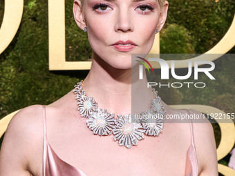 Anya Taylor-Joy wearing archive Dior, Jimmy Choo shoes, and Tiffany and Co. jewelry arrives at the 82nd Annual Golden Globe Awards held at T...