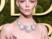 Anya Taylor-Joy wearing archive Dior, Jimmy Choo shoes, and Tiffany and Co. jewelry arrives at the 82nd Annual Golden Globe Awards held at T...