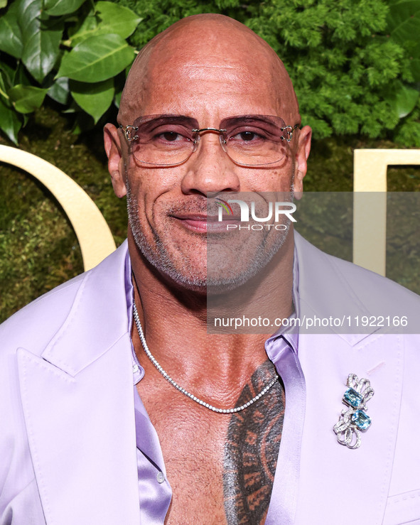 Dwayne Johnson wearing Dolce and Gabanna arrives at the 82nd Annual Golden Globe Awards held at The Beverly Hilton Hotel on January 5, 2025...