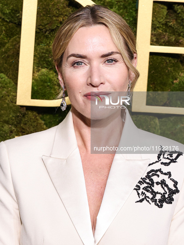 Kate Winslet wearing bespoke Erdem arrives at the 82nd Annual Golden Globe Awards held at The Beverly Hilton Hotel on January 5, 2025 in Bev...