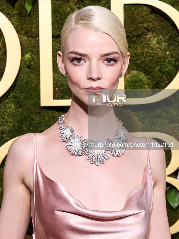 Anya Taylor-Joy wearing archive Dior, Jimmy Choo shoes, and Tiffany and Co. jewelry arrives at the 82nd Annual Golden Globe Awards held at T...