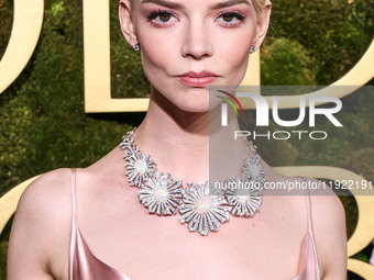 Anya Taylor-Joy wearing archive Dior, Jimmy Choo shoes, and Tiffany and Co. jewelry arrives at the 82nd Annual Golden Globe Awards held at T...