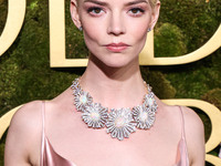 Anya Taylor-Joy wearing archive Dior, Jimmy Choo shoes, and Tiffany and Co. jewelry arrives at the 82nd Annual Golden Globe Awards held at T...