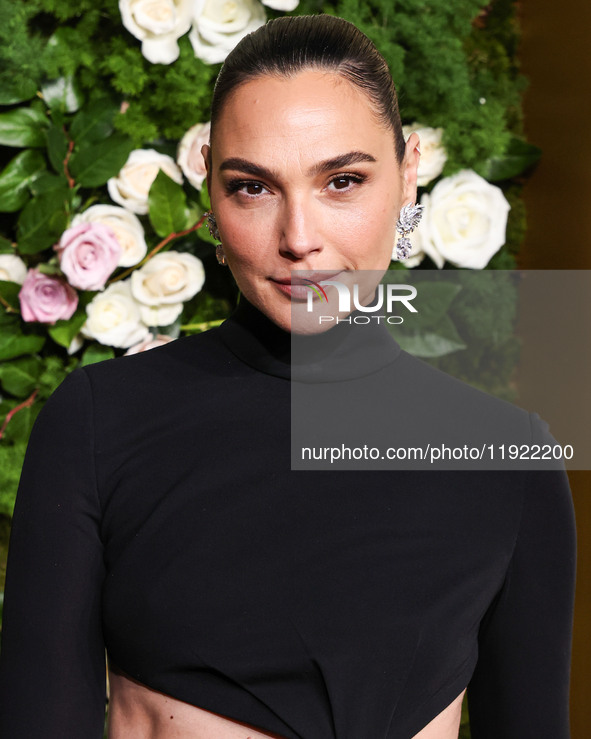 Gal Gadot wearing Armani Prive arrives at the 82nd Annual Golden Globe Awards held at The Beverly Hilton Hotel on January 5, 2025 in Beverly...