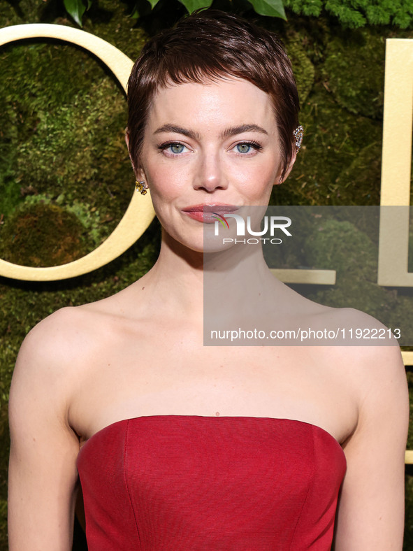 Emma Stone wearing Louis Vuitton arrives at the 82nd Annual Golden Globe Awards held at The Beverly Hilton Hotel on January 5, 2025 in Bever...