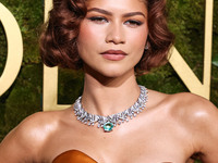 Zendaya wearing custom Louis Vuitton with Bvlgari jewelry arrives at the 82nd Annual Golden Globe Awards held at The Beverly Hilton Hotel on...