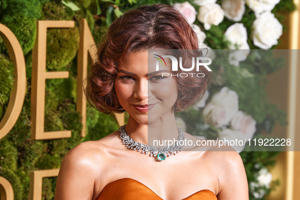 Zendaya wearing custom Louis Vuitton with Bvlgari jewelry arrives at the 82nd Annual Golden Globe Awards held at The Beverly Hilton Hotel on...